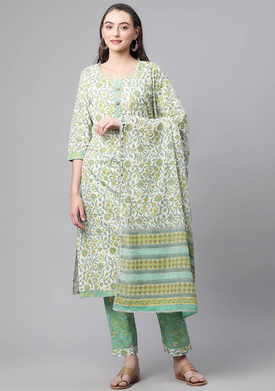 Buy White & Green Printed Satin Floral Kurti with Green Cotton Silk Pants  Kurti Set by Colorauction - Online shopping for Kurtis in India