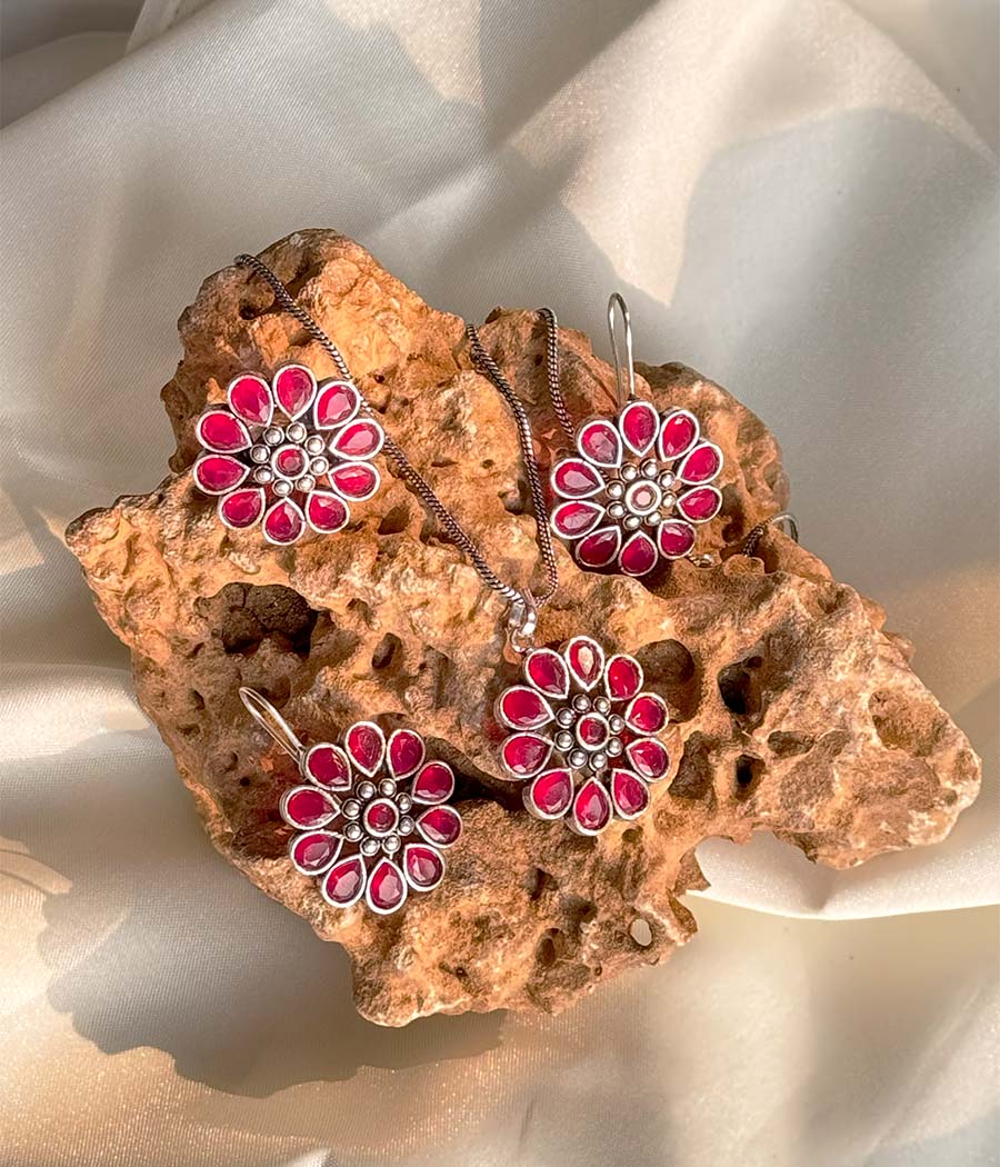 Ruby Blossom Pendant Set