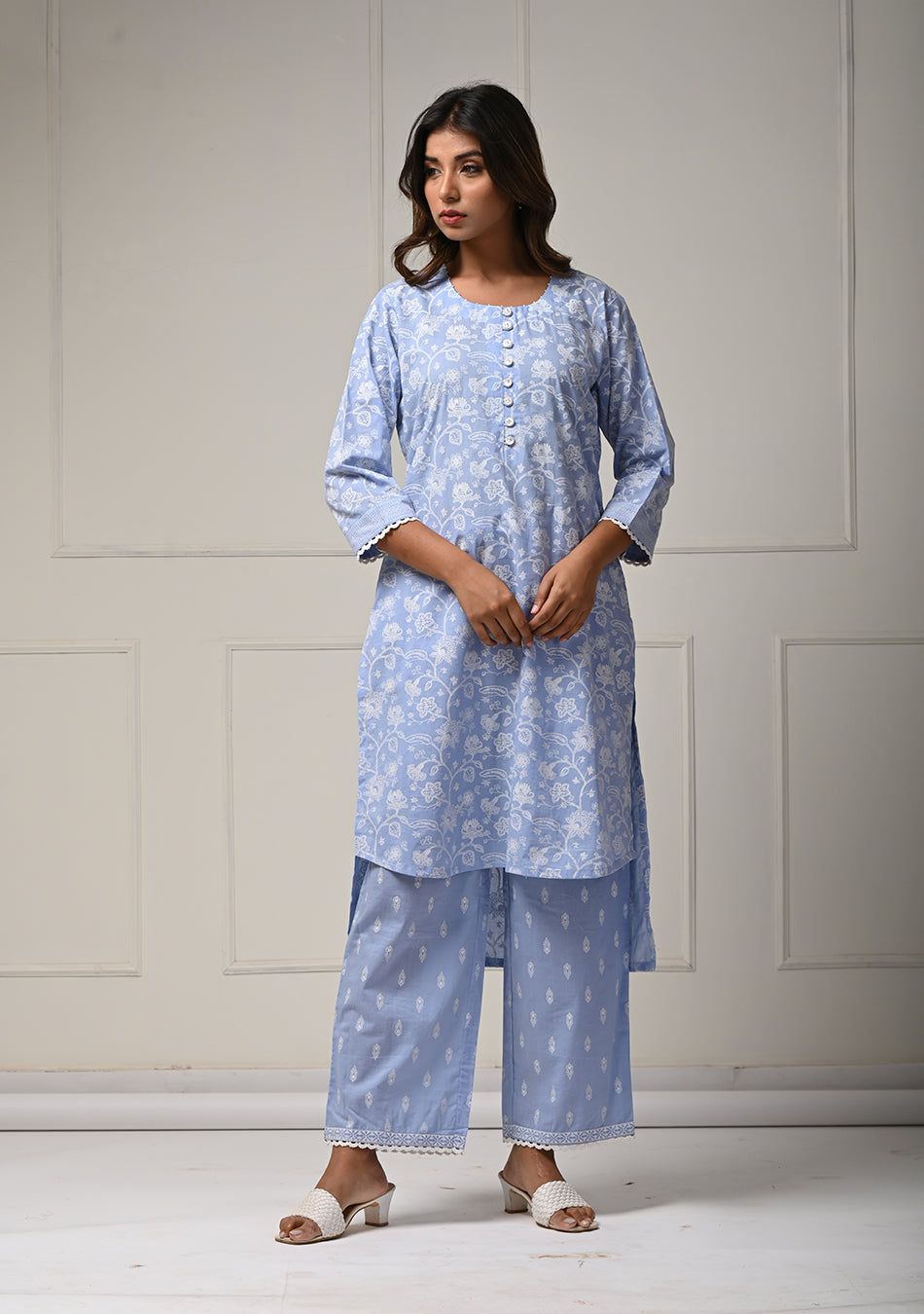 Khadi Print Sky Blue Co-ord Set in Lino Dobby