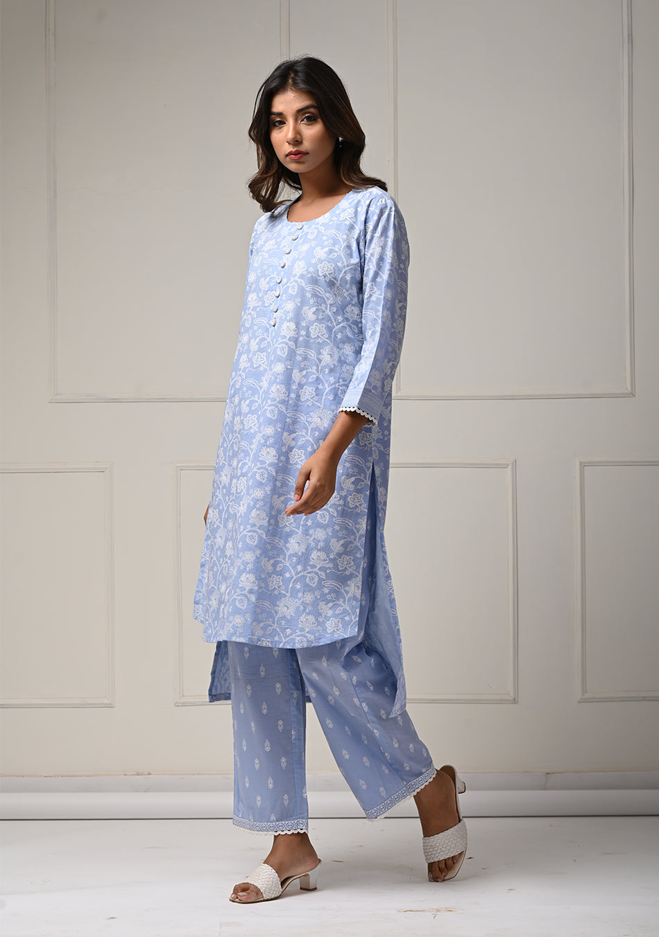 Khadi Print Sky Blue Co-ord Set in Lino Dobby