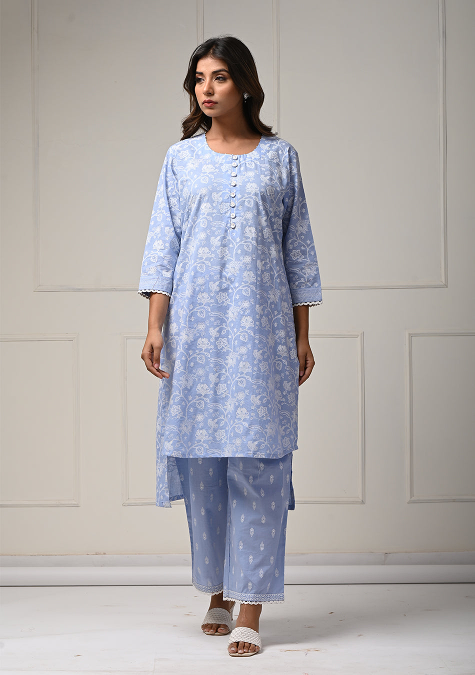 Khadi Print Sky Blue Co-ord Set in Lino Dobby