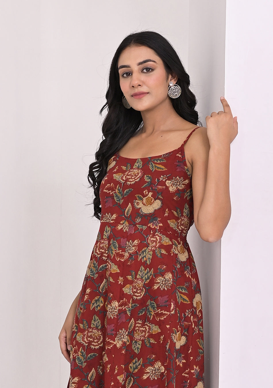 Crimson Red Shoulder Straps Floral Dress