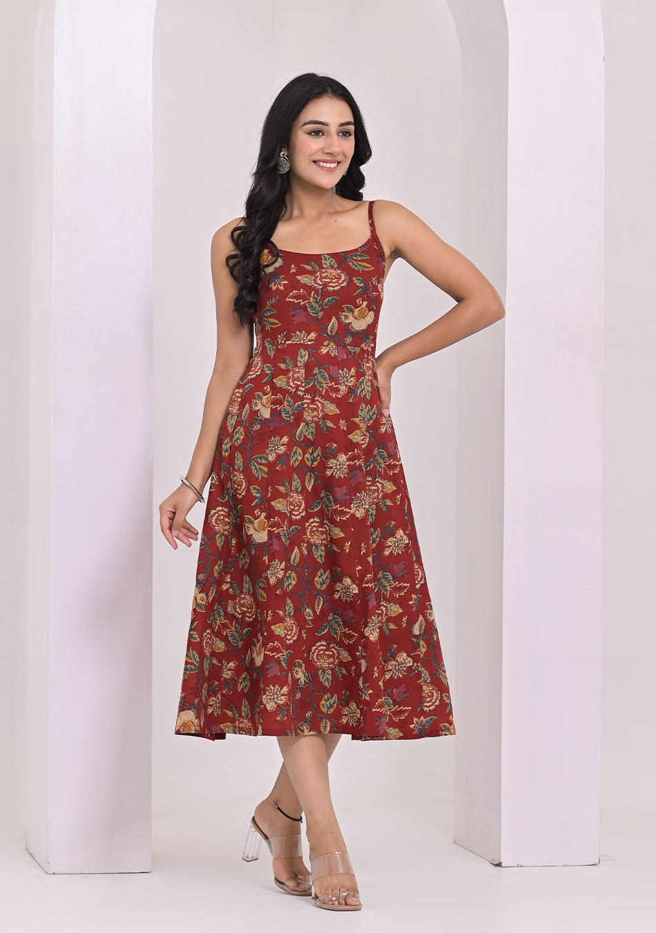 Crimson Red Shoulder Straps Floral Dress