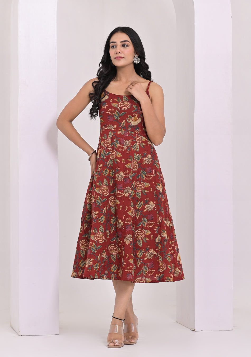 Crimson Red Shoulder Straps Floral Dress