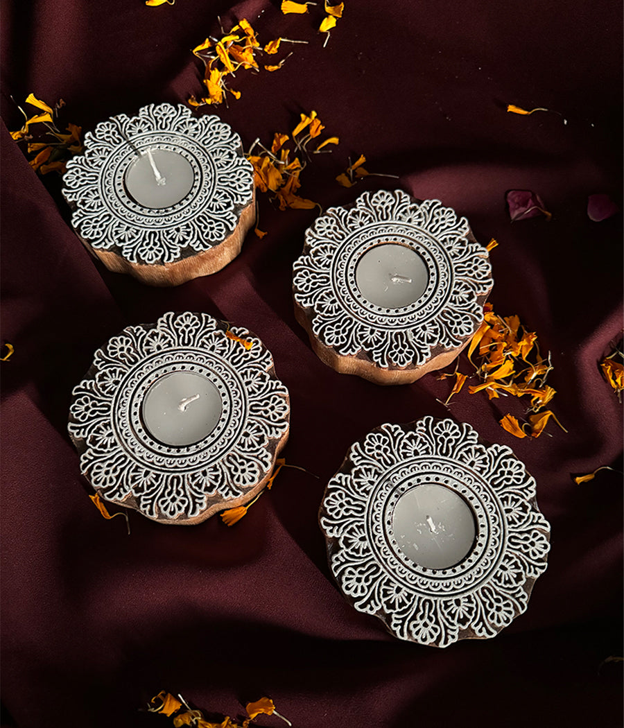 Flower Carved Wooden Diyas