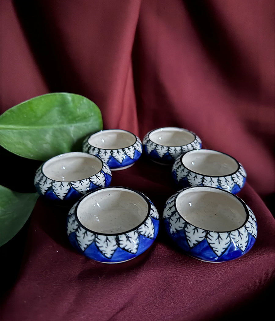 Blue Pottery Leaf design round Diyas - Set of 6