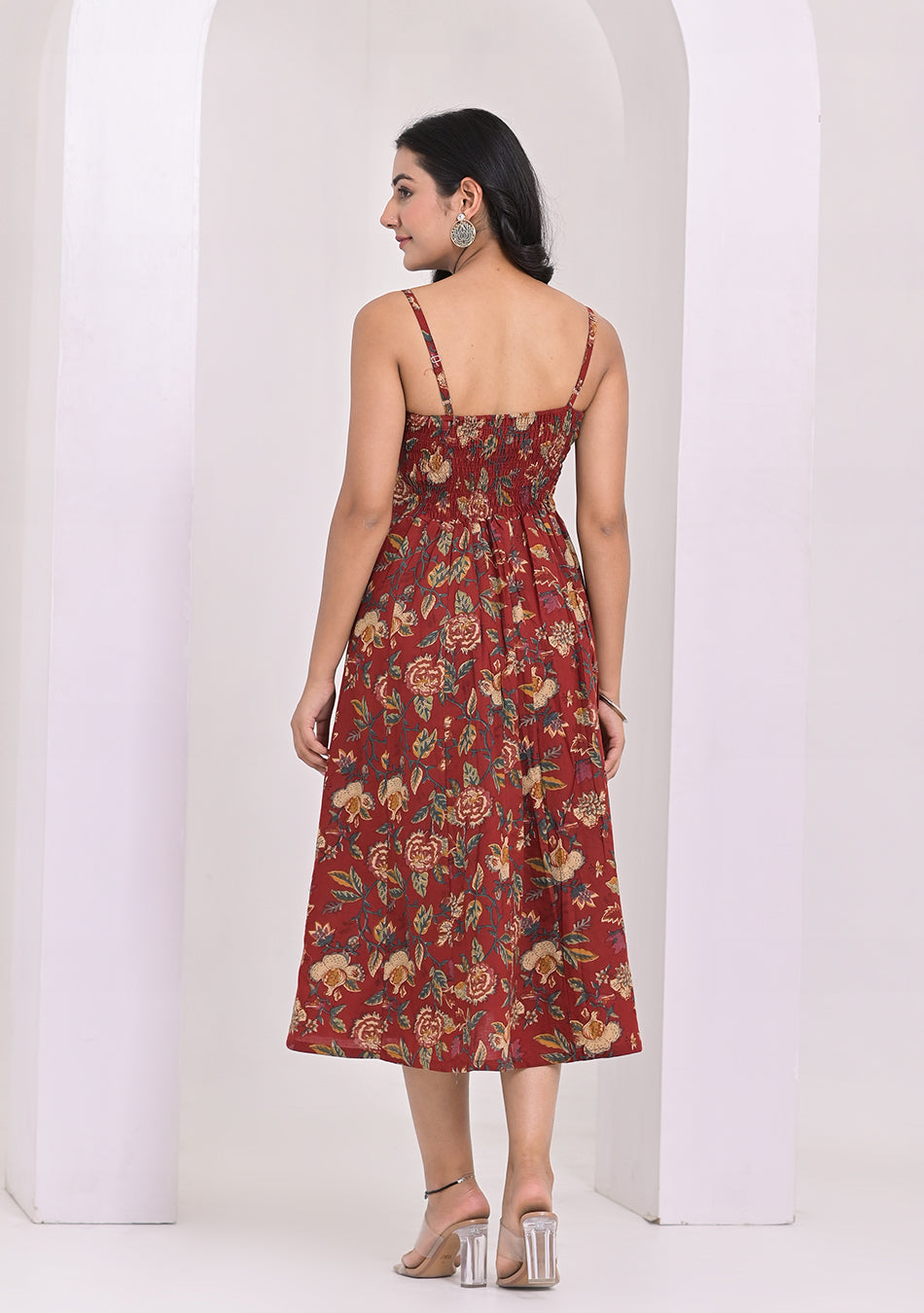 Crimson Red Shoulder Straps Floral Dress