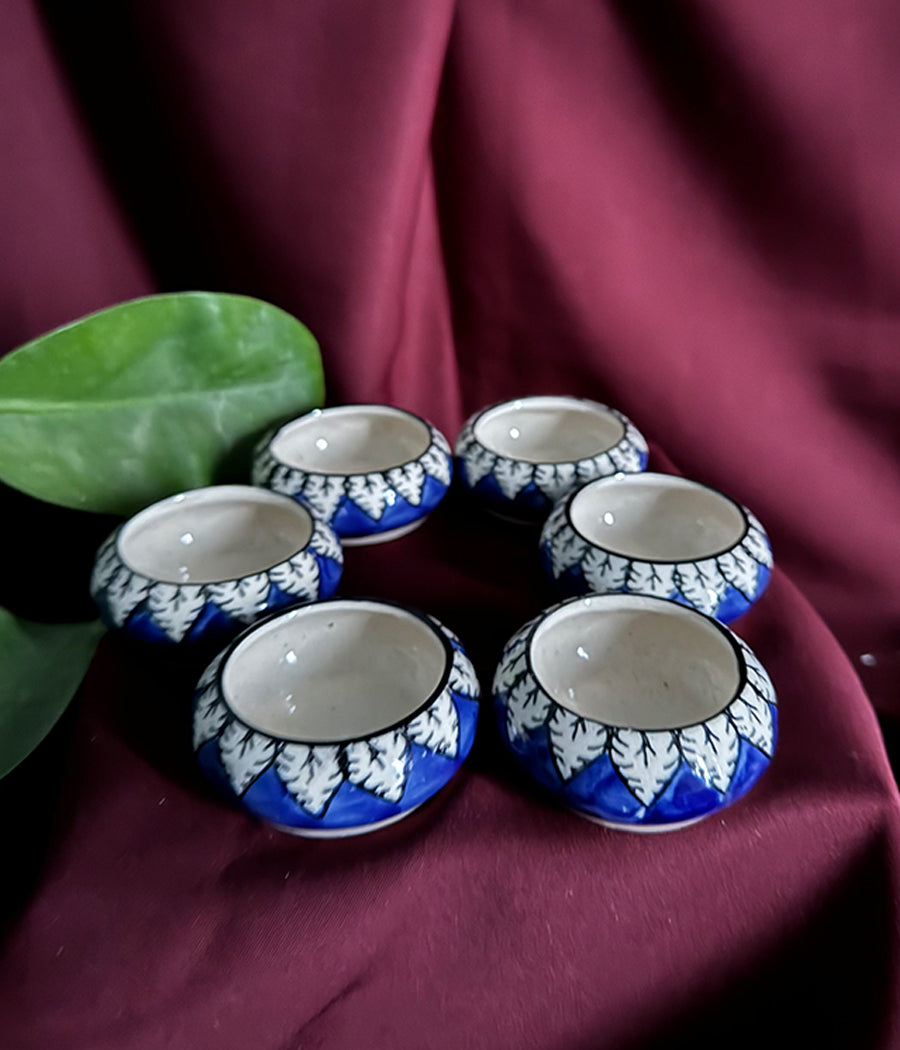 Blue Pottery Leaf design round Diyas - Set of 6