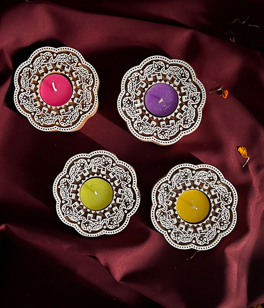 Enchanted Wooden Glow Diya - Set of 4