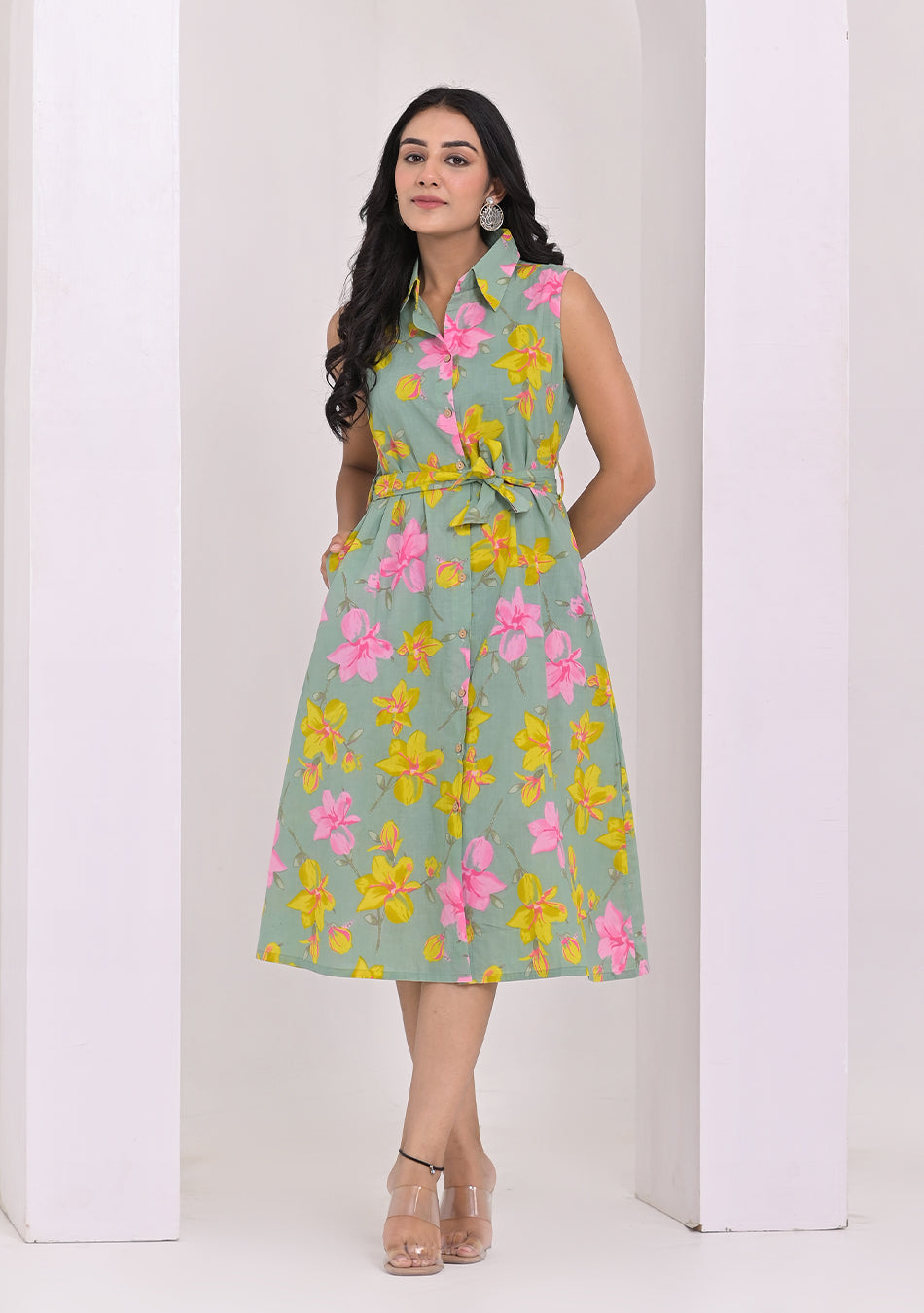 Sage Green Floral Print A-Line Midi Dress