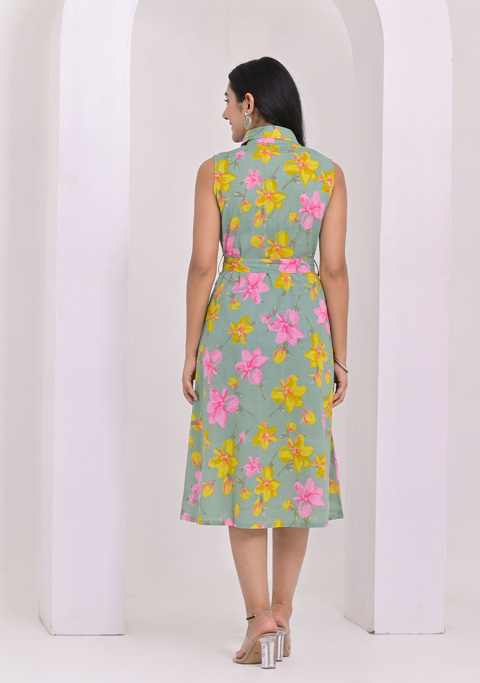 Sage Green Floral Print A-Line Midi Dress