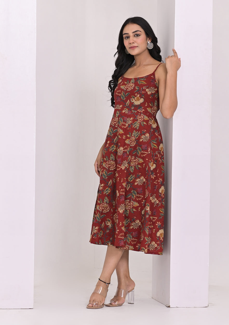 Crimson Red Shoulder Straps Floral Dress