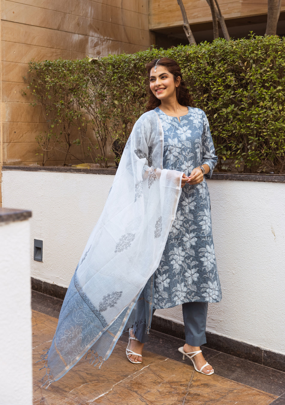 SMOKEY TEAL SUIT SET WITH KOTA DUPATTA