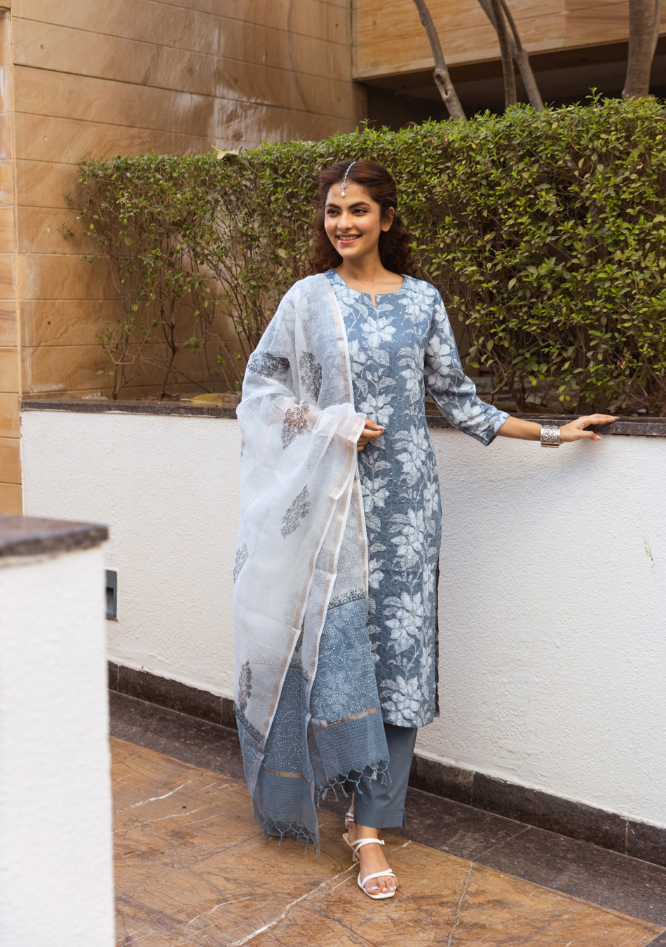 SMOKEY TEAL SUIT SET WITH KOTA DUPATTA