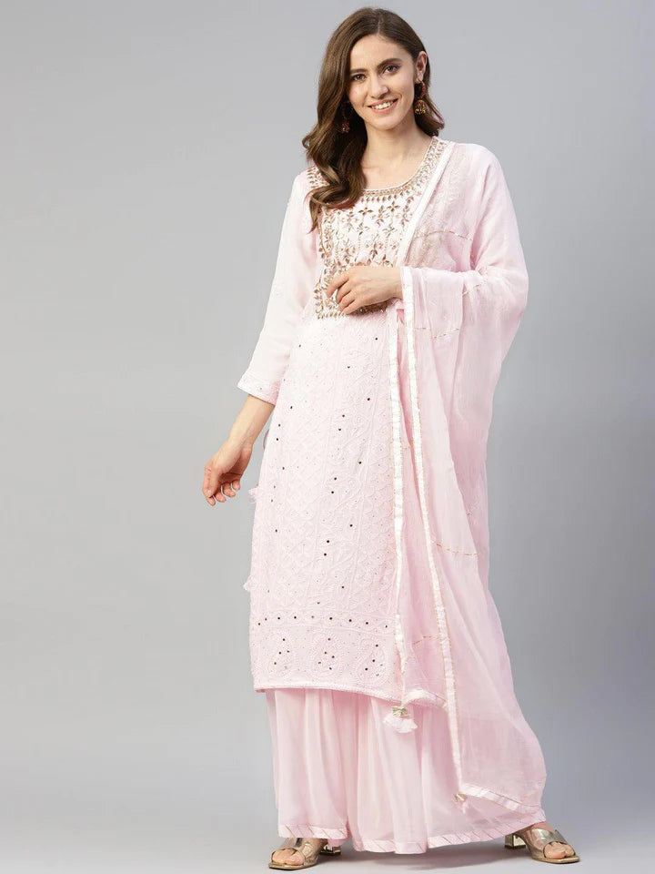 Pure Chicken krai georgette Powder Pink Kurta Palazoo Set with Dupatta ...