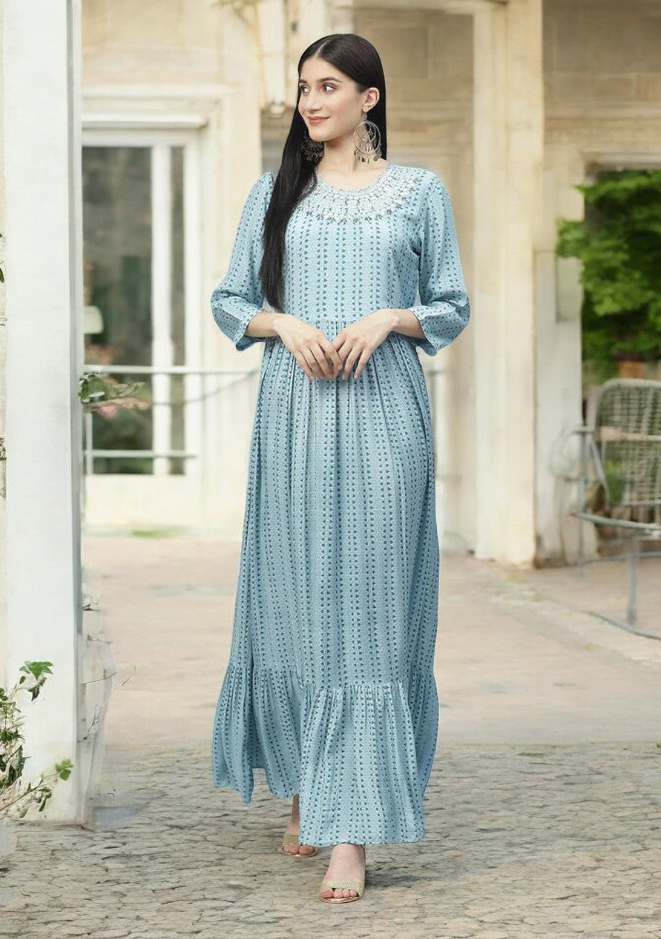 Blue Muslin Flared Gown