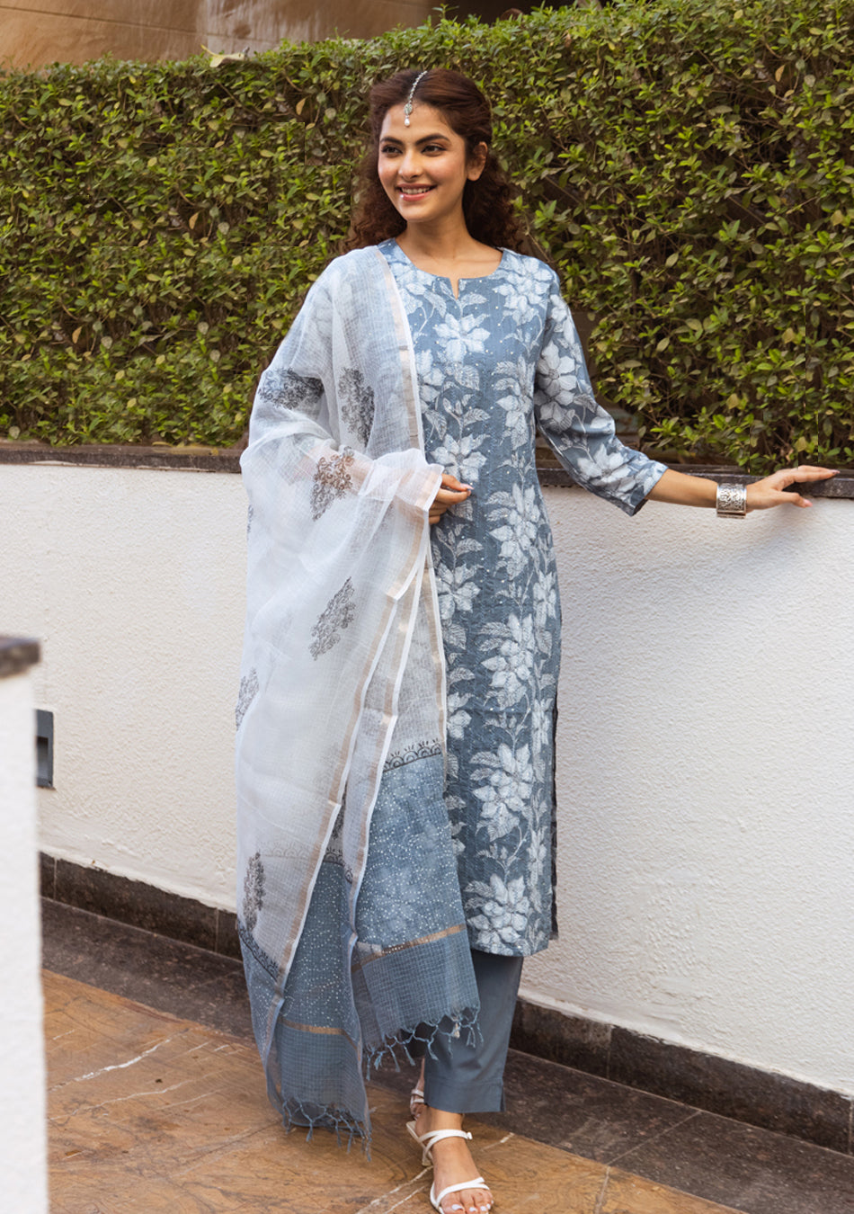 SMOKEY TEAL SUIT SET WITH KOTA DUPATTA