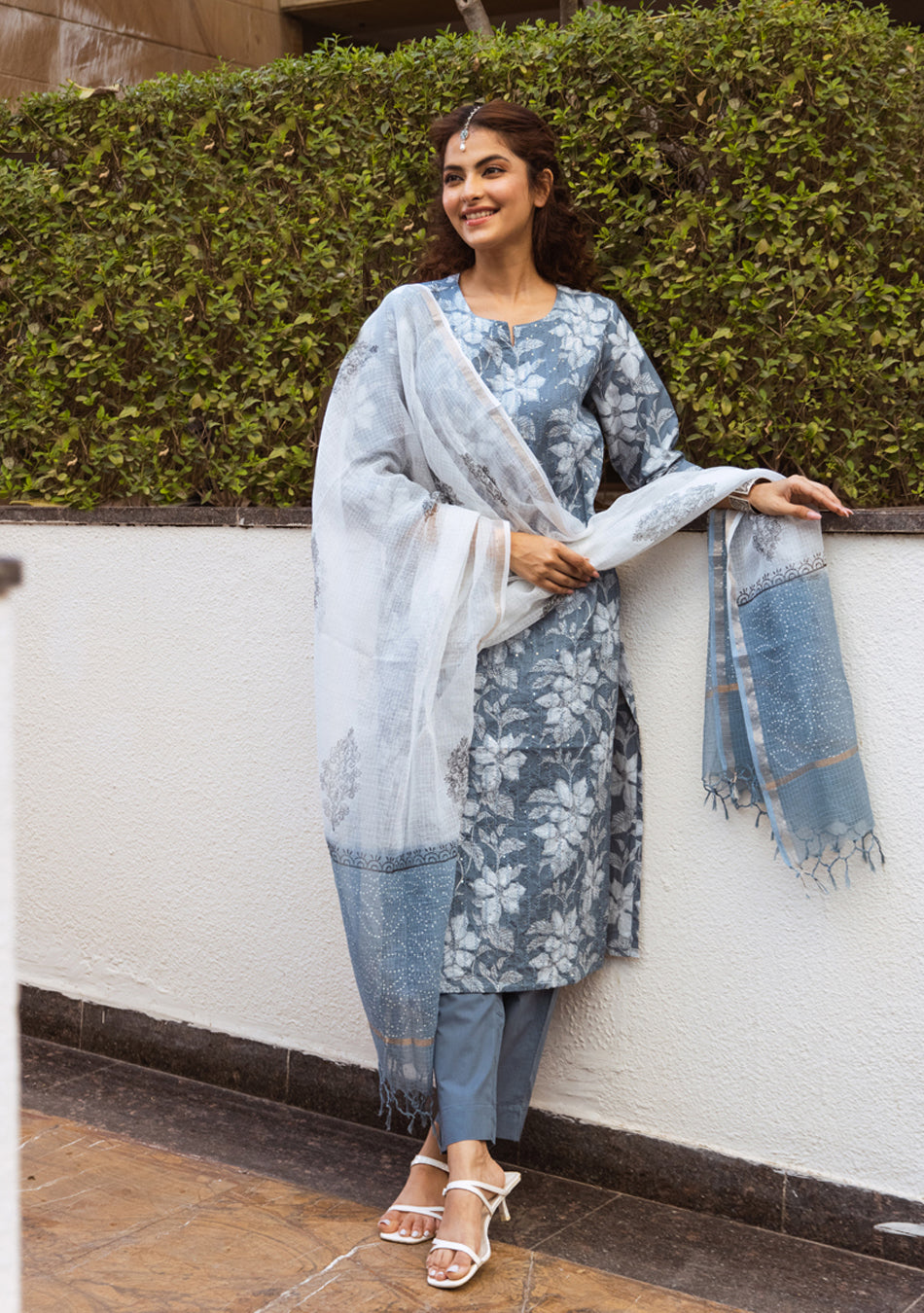 SMOKEY TEAL SUIT SET WITH KOTA DUPATTA