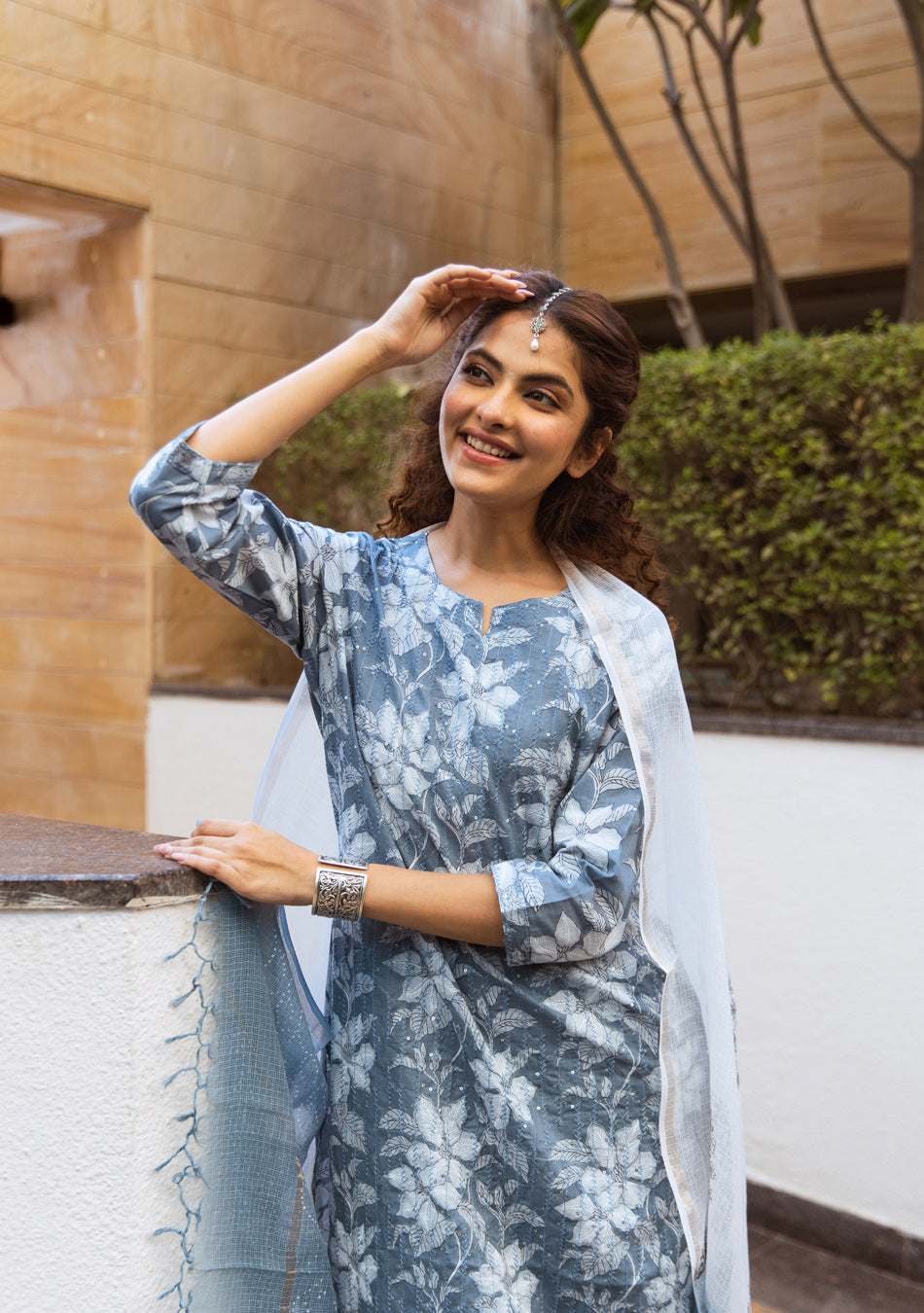 SMOKEY TEAL SUIT SET WITH KOTA DUPATTA