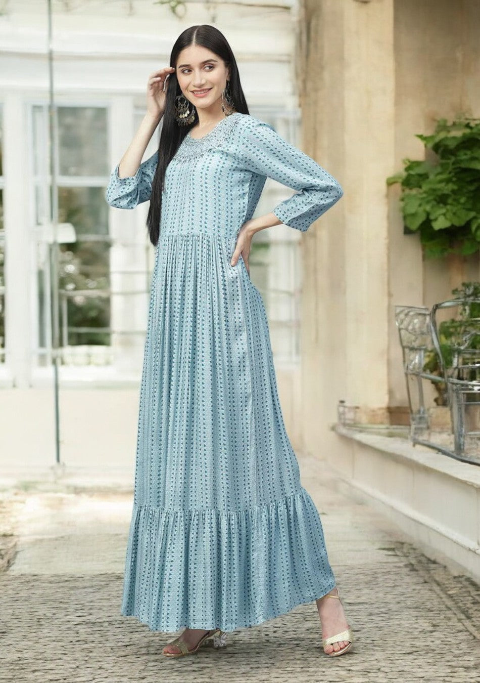 Blue Muslin Flared Gown