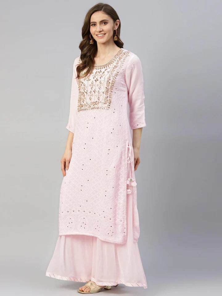 Pure Chicken krai georgette Powder Pink Kurta Palazoo Set with Dupatta ...