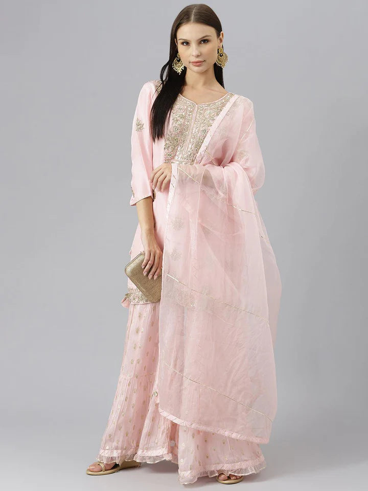 Women Pink Yoke Design Zardozi Chanderi Silk Kurta with Sharara & With Dupatta