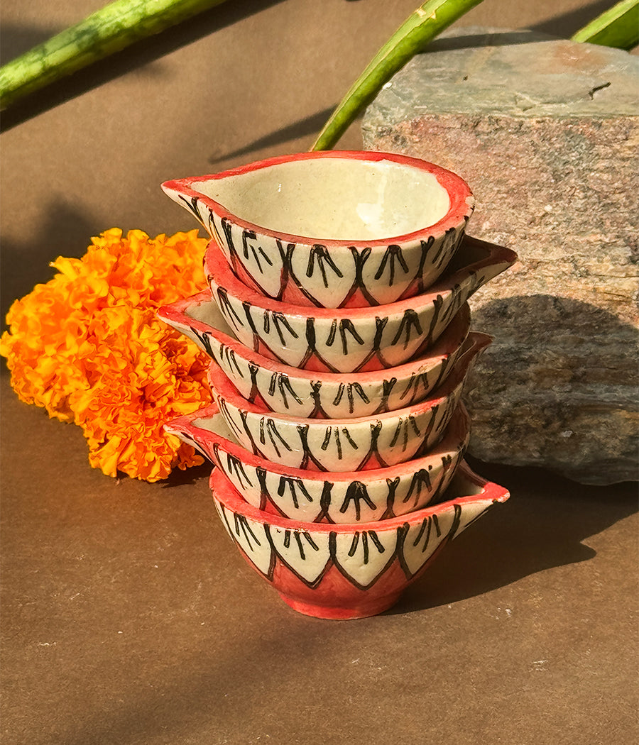 Red Blossom Diya - Set of 6