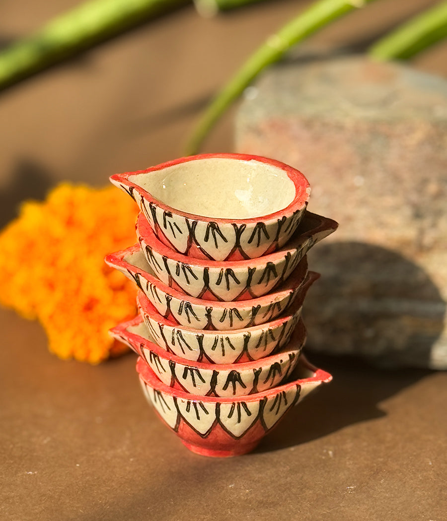 Red Blossom Diya - Set of 6