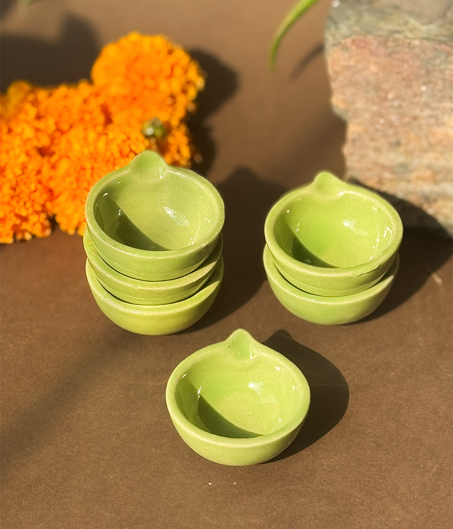 Green Glazed Diya - Set of 6