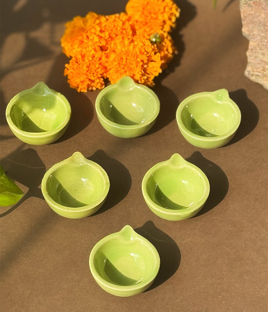 Green Glazed Diya - Set of 6