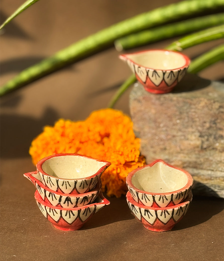 Red Blossom Diya - Set of 6