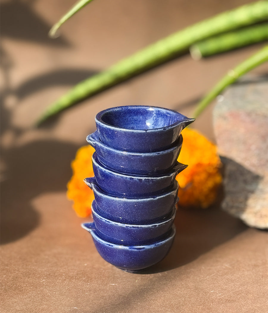 Blue Glazed diya - Set of 6