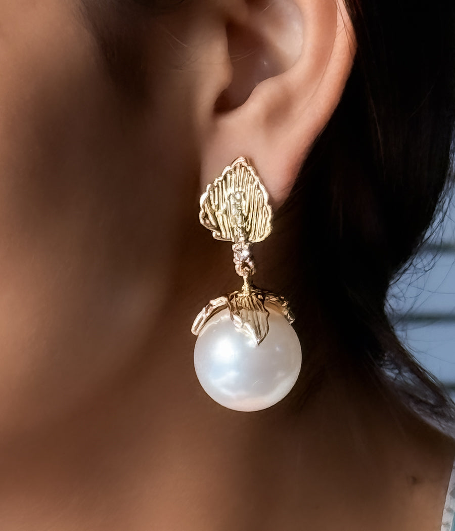 Gold Leaf Pearl Drop Earrings