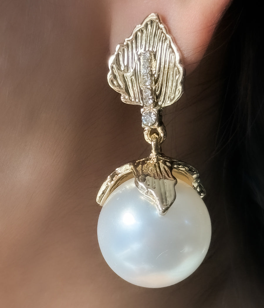 Gold Leaf Pearl Drop Earrings