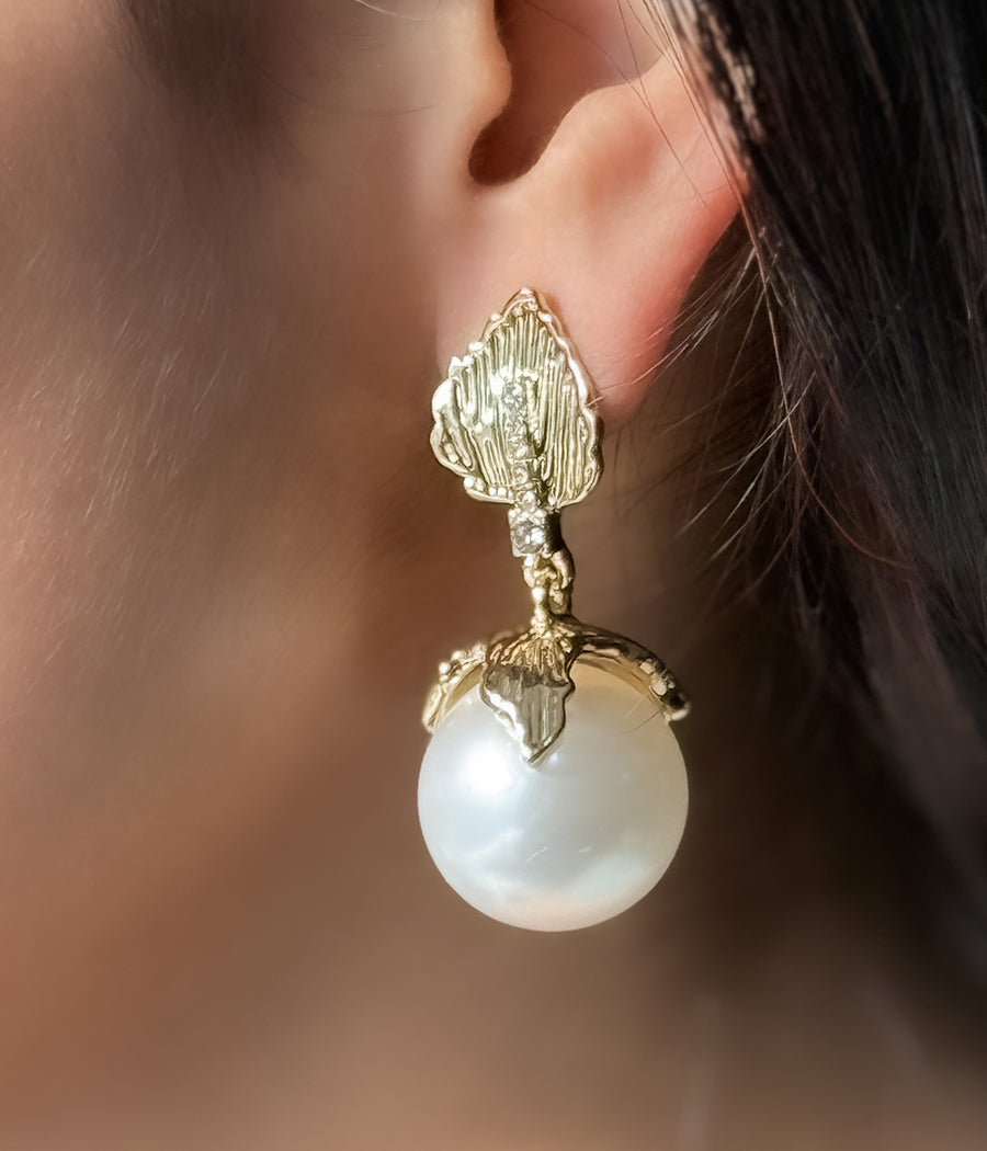 Gold Leaf Pearl Drop Earrings