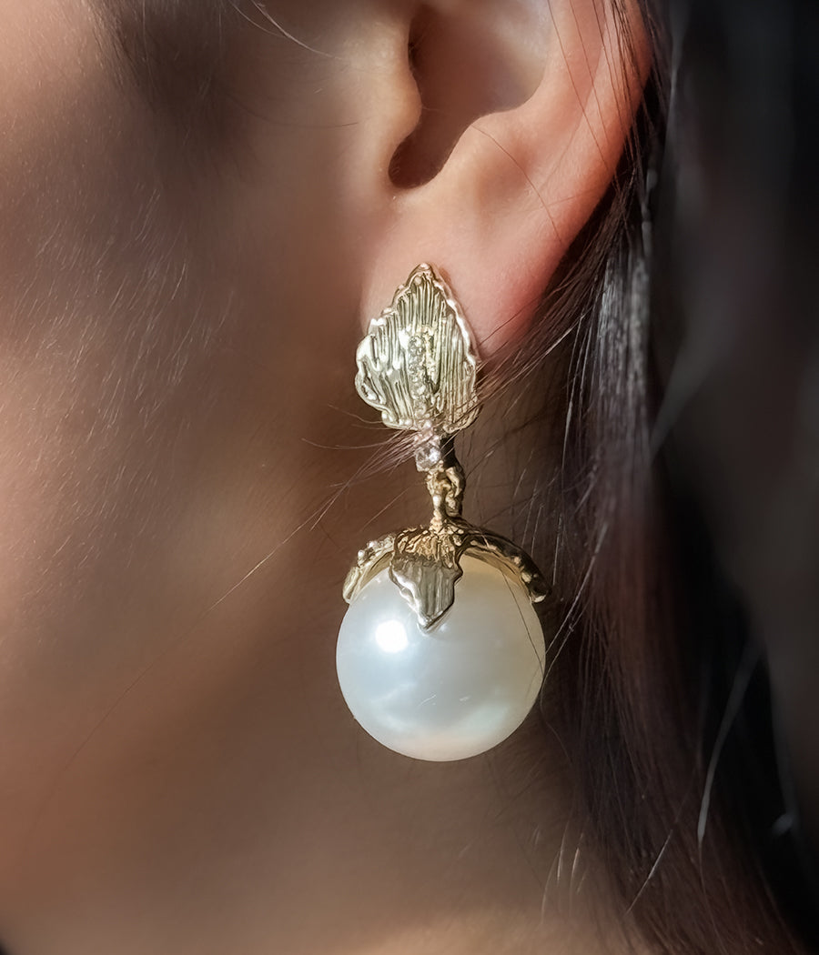 Gold Leaf Pearl Drop Earrings