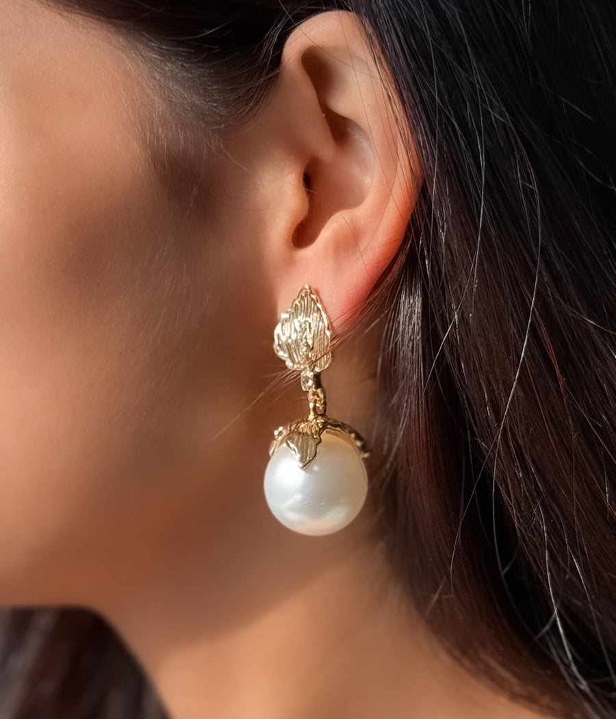 Gold Leaf Pearl Drop Earrings