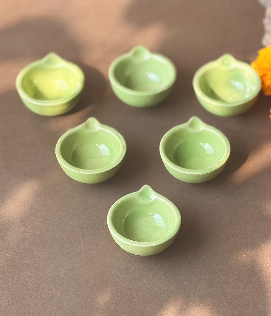 Green Glazed Diya - Set of 6