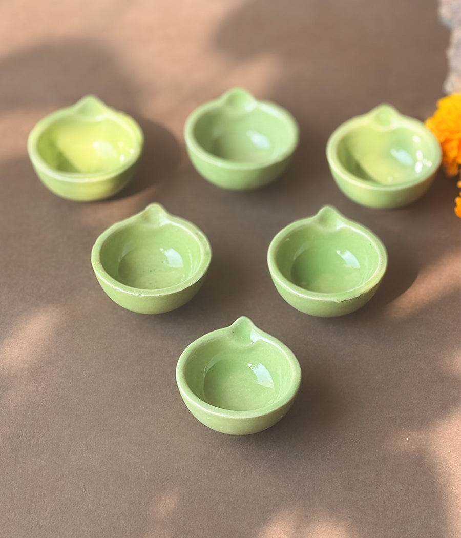 Green Glazed Diya - Set of 6