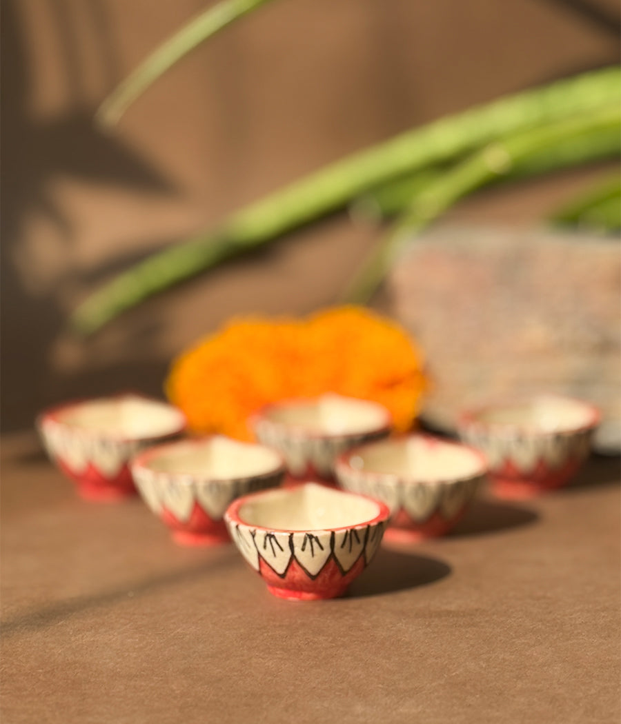 Red Blossom Diya - Set of 6