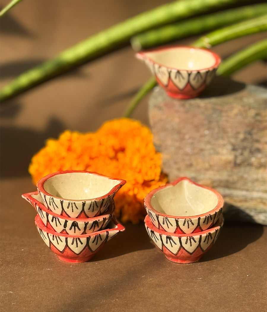 Red Blossom Diya - Set of 6