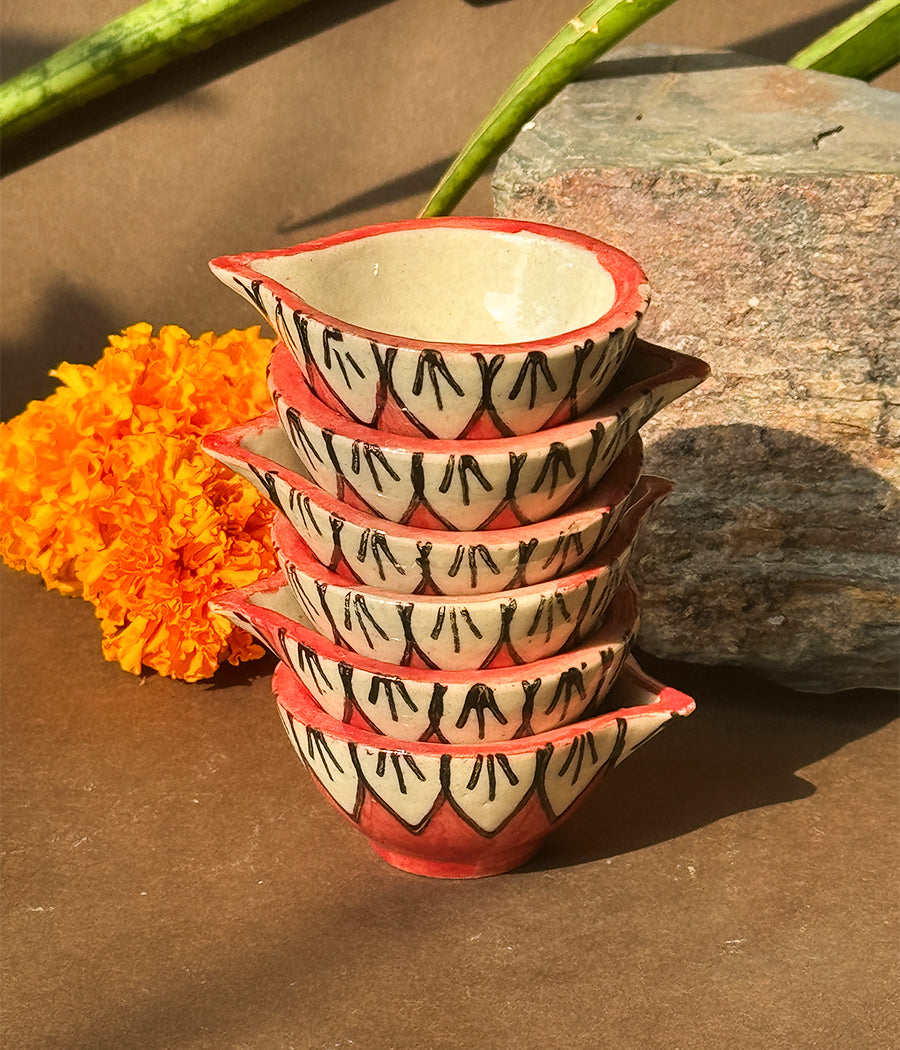 Red Blossom Diya - Set of 6