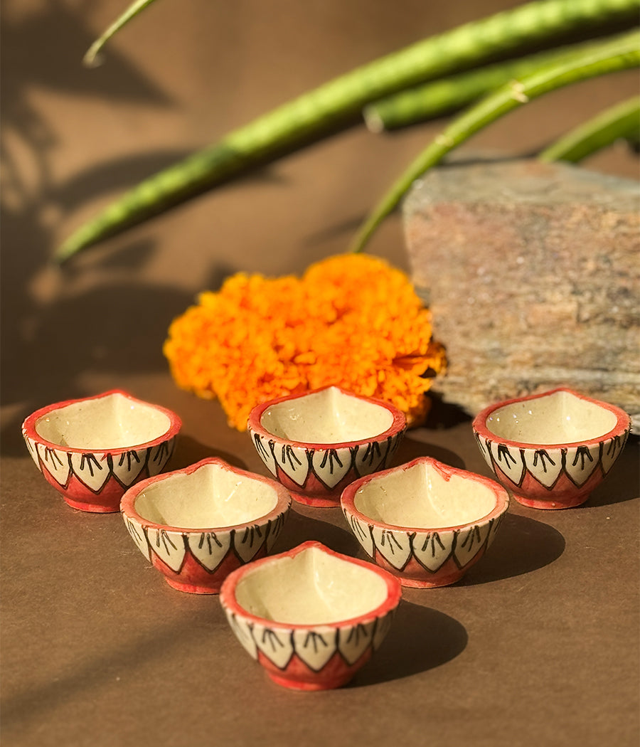 Red Blossom Diya - Set of 6