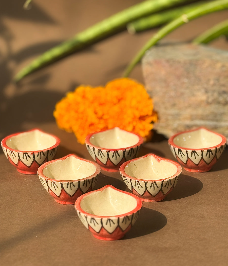 Red Blossom Diya - Set of 6