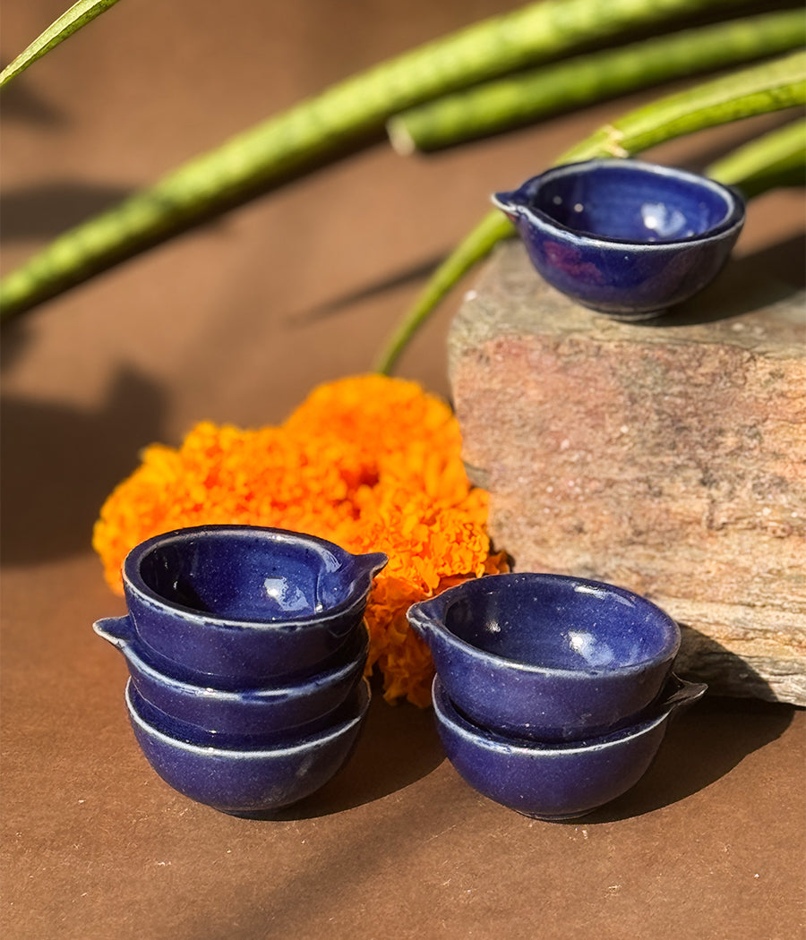 Blue Glazed diya - Set of 6