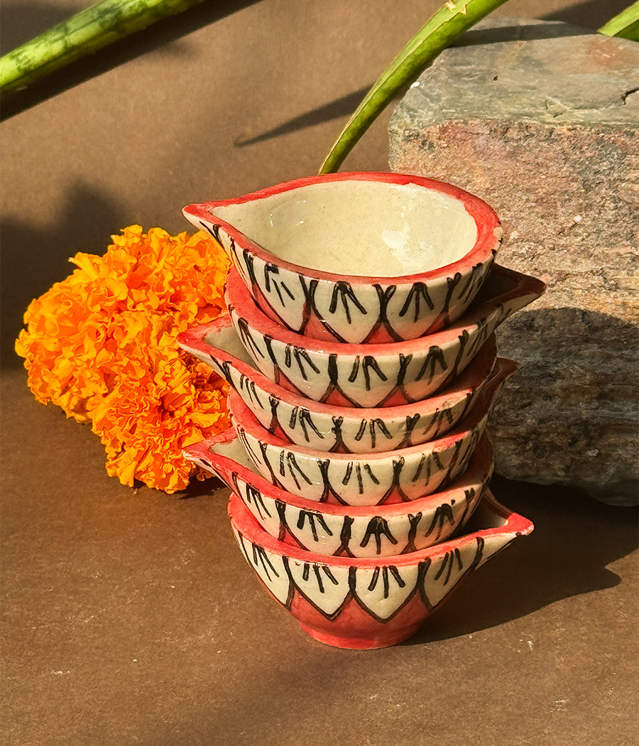 Red Blossom Diya - Set of 6