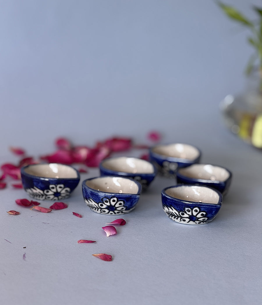 Blue Diya with white floral Design - Set of 6