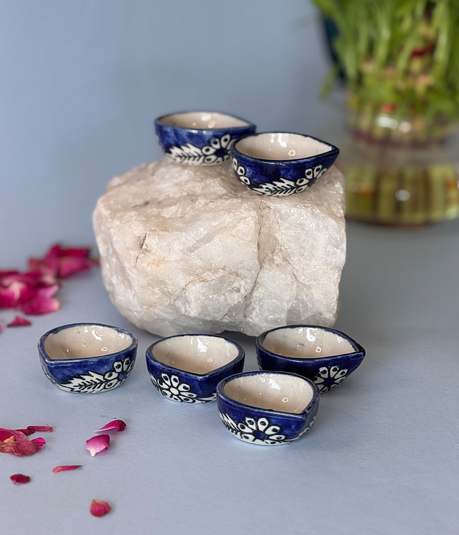 Blue Diya with white floral Design - Set of 6