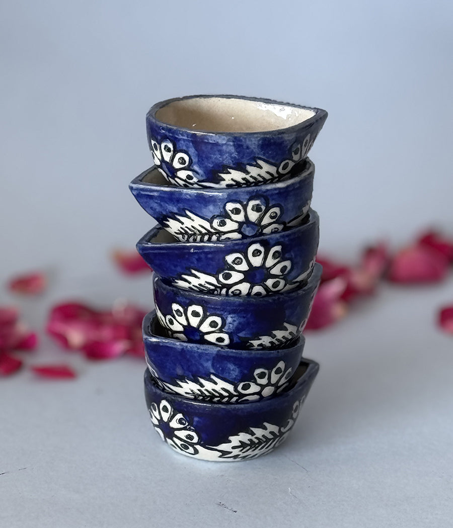 Blue Diya with white floral Design - Set of 6