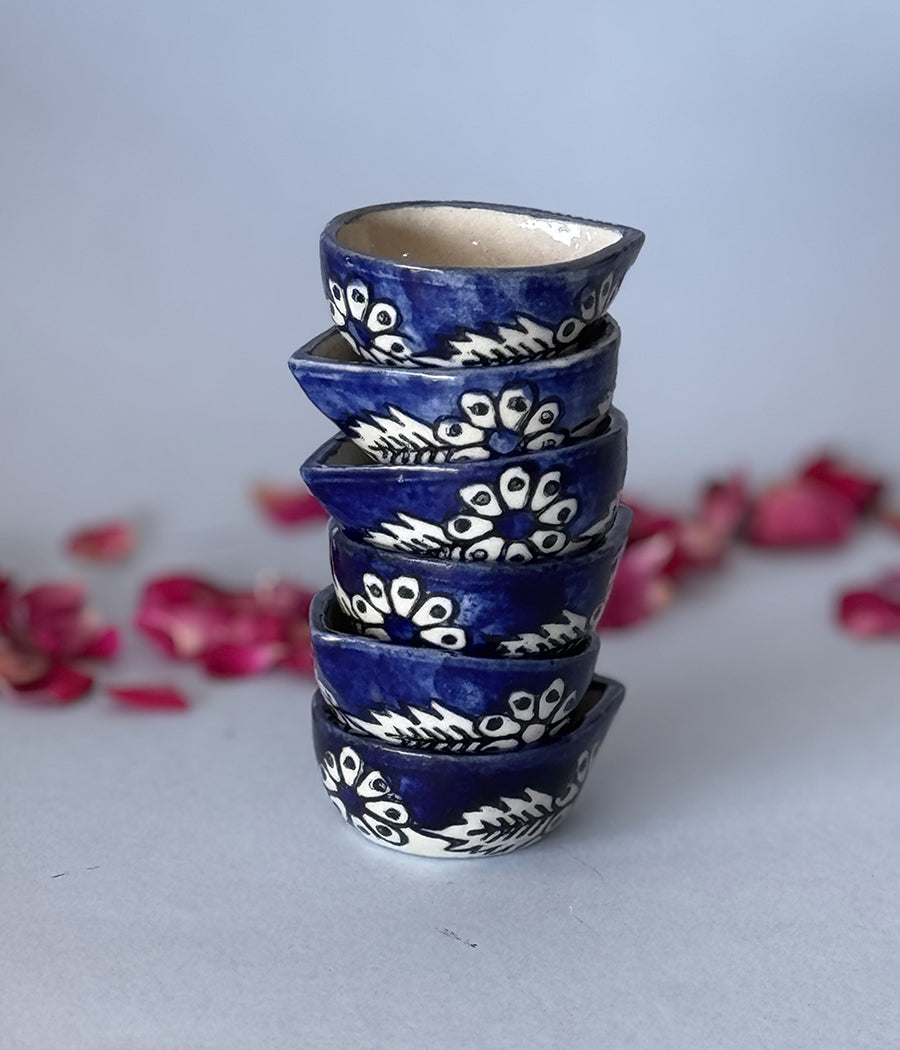 Blue Diya with white floral Design - Set of 6